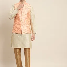 SOJANYA Men Cream-Coloured Kurta with Churidar & Nehru Jacket-picture-4