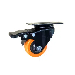 Muvall Castor Wheel Orange Polyuretahane (PU) With Electrophoretic Finish Pressed Mild Steel Castor Brake Type 100 mm Dia. x 32 mm Width, PSTP B 100 32 OPUB-31