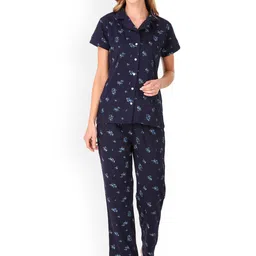 Masha Women Navy Blue Ditsy Floral Print Pure Cotton Pyjamas Set-picture-33
