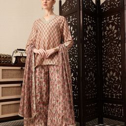 House of Pataudi Floral Printed V-Neck A-Line Jashn Kurti with Palazzos & Dupatta-23
