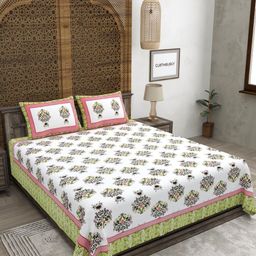 CLOTHOLOGY Green & Pink Floral Pure Cotton 180 TC King Bedsheet Set 2.75m x 2.25m-image-57