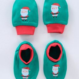 Babyhug 100% Cotton Mittens and Booties Santa Claus Print - Green-image-82