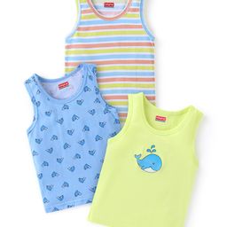 Babyhug 100% Cotton Knit Sleeveless Striped Sandos Whales Print Pack of 3 - Multicolour-image-40