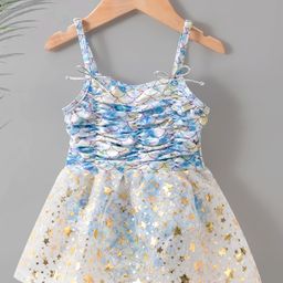 Kookie Kids Sleeveless Frock Style Swim Suit Sequined Design - Blue-image-95