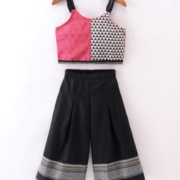 Twisha Sleeveless Jaipuri Flower Motif Printed Cut & Sew Detailed Top With Woven Bottom Designed Palazzo - Peach & Black-image-5