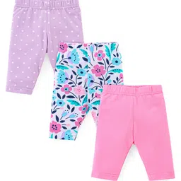 Babyhug Cotton Knit Three Fourth Leggings Dots & Floral Print Pack Of 3 - Pink & Purple-picture-27