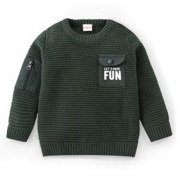 Babyhug Knitted Full Sleeves Pullover Sweater with Pocket Detailing & Text Print - Olive Green-image-79