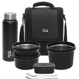Jaypee Plus Meal Plus Lunch Box for Office, School & College,3 Inner Steel Container with Pickle conatiner and Steel Bottle, with Bag, 1390 ML Capacity Suitable for School, Office & picnics , Black-44