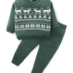 Babyhug Knit Full Sleeves Sweater Set With Reindeer Design - Green-image-35