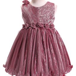 Babyhug Woven Sleeveless Fit & Flared  Textured Party Frock with Floral Applique - Maroon-image-15
