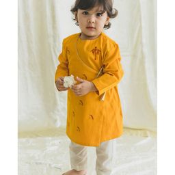 Tiber Taber Full Sleeves Ram Text Embroidered Angrakha Style Kurta With Pyjama - Yellow-picture-30