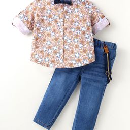 ToffyHouse 100% Cotton Woven Full Sleeves Digital Printed Shirt & Jeans Set with Bow & Suspender - Blue & White-image-70