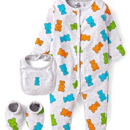 Doodle Poodle Interlock Knit Full Sleeves Teddy Bear Printed Romper With Booties & Bib - Light Grey-image-15