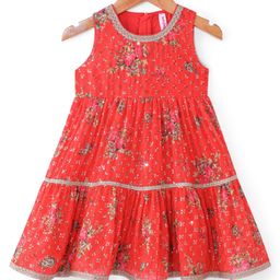 Babyhug Georgett Woven Sleeveless Sequinned Floral Printed Frock - Red-image-73