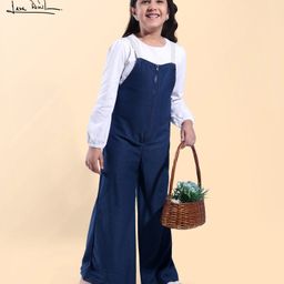 Arias Structure Knit Full Sleeves  Lurex Elasticated Waistband T-Shirt with Solid Colour Front Zip Open Jumpsuit - Navy Blue-86