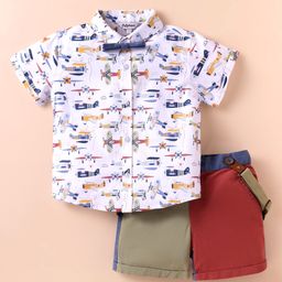 ToffyHouse Cotton Woven Half Sleeves Airplane Printed Shirt & Shorts With Bow & Suspender - White Red & Olive Green-image-72