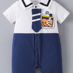 Mark & Mia Half Sleeves Cotton Romper With Boba Tea Print & Tie Applique - Navy & White-image-44