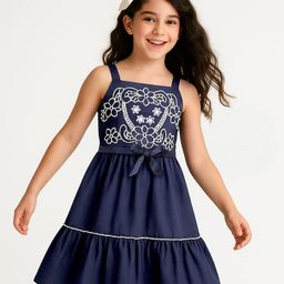 Arias Woven Sleeveless Dress with Fabric Belt and Floral Embroidery -Navy Blue-image-46