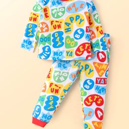 Babyhug Cotton Knit Full Sleeves Co-rds Night Suit with Text Print - Blue-image-48