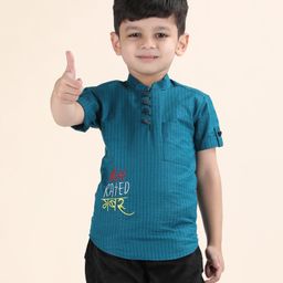 Polka Tots Cotton Half Sleeves High Rated Gabru Text Embroidered & Striped Kurta - Denim Blue-image-12