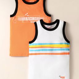 Bodycare Cotton Knit Sleeveless Text Printed & Striped Vests Pack Of 2 - Orange & White-image-4
