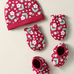 Babyhug 100% Cotton Cap Mittens And Booties Floral Printed Maroon - Diameter 12 cm-image-72