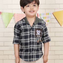 Polka Tots Full Sleeves Checked Teddy Patch Detailed Hooded Shirt - Navy Blue-image-7