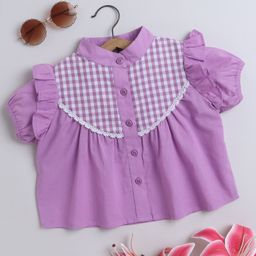 Aww Hunnie 100% Cotton Half Puffed Sleeves Placement Checked Frill Detailed Shirt Style Crop Top - Mauve-image-44