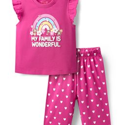 Babyhug Cotton Knit Frill Sleeves Capri Night Suit With Text & Heart Print - Pink-image-86