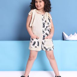 BaawRi Cotton Woven Sleeveless Cat & Polka Dots Printed Jumpsuit - Off White & Black-image-90