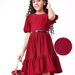 Hola Bonita Knit Half Sleeves Textured Fabric Solid Frock With Belt - Red-image-49