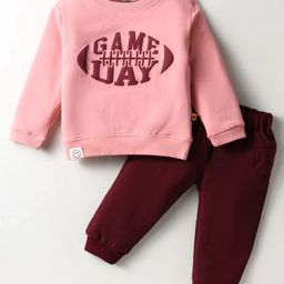 Mini Taurus Looper Woven Full Sleeves T-Shirt & Lounge Pant Set with Text Print - Pink-image-67