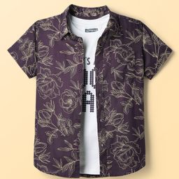 Pine Kids Viscose Woven Half Sleeves Shirt with Inner Tee & Floral Print - Purple-picture-10