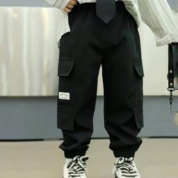 tior Cotton Woven Happy Everyday Text Patch Detailed Cargo Pants - Black-image-4