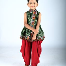 Aglare Rayon Woven Navratri Theme Sleeveless Bandhani Designed & Mirror Work Detailed Kedia Set - Green-image-41