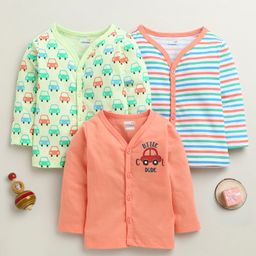 BUMZEE Cotton Knit Pack Of 3 Full Sleeves Cars Printed & Striped Jhablas - Coral & Yellow-picture-19
