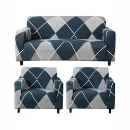 HOKIPO Blue & Grey 3 Pieces Printed 3 Seater and 2 Seater Sofa Covers With Arms-picture-8