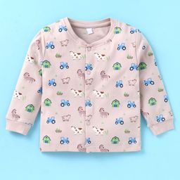 Mini Taurus Interlock Full Sleeves Front Open Night Suit With Inner Tee & Farmhouse Theme Print - Tan image 2