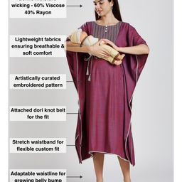 Dummy Shape Three Fourth Sleeves Abstract Embroidered Stretchable Maternity Kaftan Kurta With Concealed Zipper Nursing Access - Purple image 3