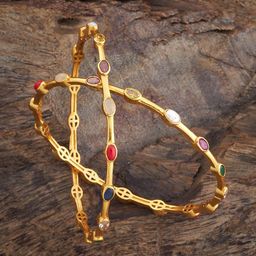 Kushal's Fashion Jewellery Set Of 2 Navaratna Gold-Plated Stone-Studded Bangles-image-2