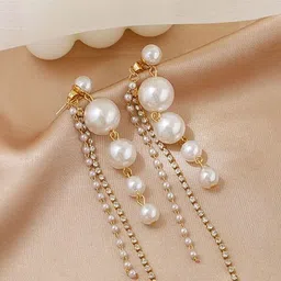Celestria Artificial Stones Studded & Pearls Beaded Contemporary Korean Drop Earrings-image-60