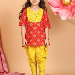 Here&Now X Kinder Kids Girls Ethnic Motifs Printed Pure Cotton Kurti with Dhoti Pants-picture-4