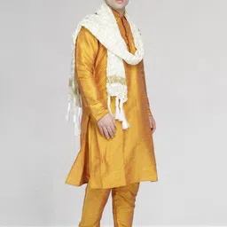 SKAVIJ Men Regular Thread Work Dupion Silk Kurta with Churidar & With Dupatta image 5