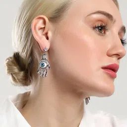 SOHI Silver-Plated Contemporary Stone-Studded The Hamsa Drop Earrings-80