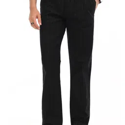 Estilocus Men Black Linen Blend Straight Fit Striped Trouser-image-10