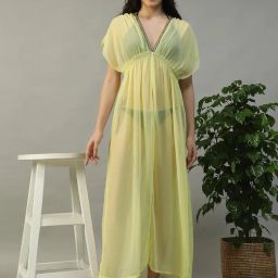 Oxolloxo Women Solid Yellow Lurex Lace Detail Short Flutter Sleeve Elasticated Beachwear Dress-picture-9