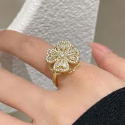TheVineGirl Women Gold-Plated Rotating Cubic Zirconia Studded Adjustable Clover Ring-picture-43