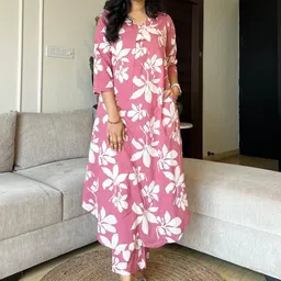 Aaysa Kurti Floral Printed Pure Cotton Tunic & Trousers Co-Ord Set-37