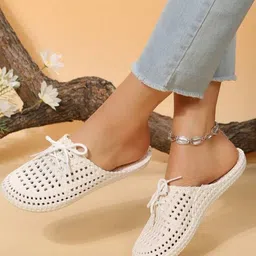 Shozie Women White Textured Synthetic Flat Mules-picture-3