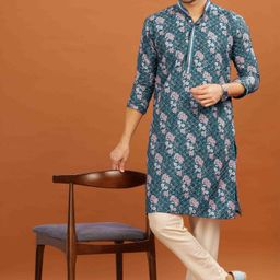 Anouk Blue Floral Printed Mandarin Collar Cotton Straight Kurta-image-31
